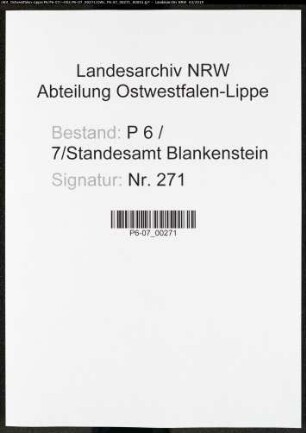 Sterberegister Standesamt Blankenstein/Ruhr