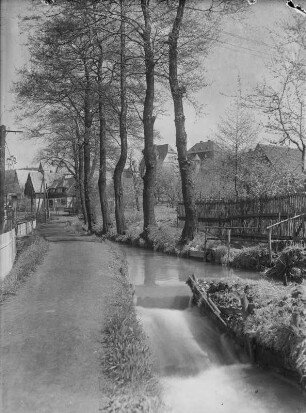 Dorfstraße an einem Bach oder Kanal (vielleicht bei Zwickau)