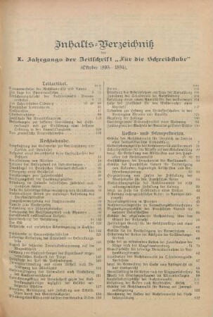 Inhalts-Verzeichniß des X. Jahrgangs der Zeitschrift "Für die Schreibstube"