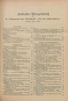 Inhalts-Verzeichniß des X. Jahrgangs der Zeitschrift "Für die Schreibstube"