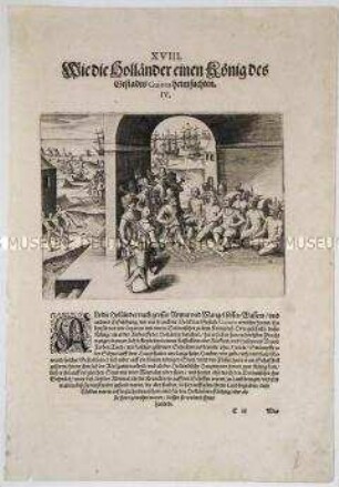 Wie die Holländer einen König am Gestade Guineas heimsuchten - Tafel 67 aus de Bry, Amerika II