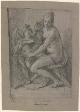 Sitzende Venus und stehender Amor mit Schale