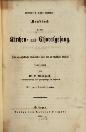 Historisch-musicalisches Handbuch für den Kirchen- und Choralgesang : für evangelische Geistliche und die es werden wollen