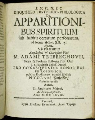 Disquisitio Historico-Philologica De Apparitionibus Spirituum sub habitu certarum personarum, ad locum Actor. XII, 15