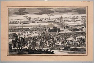 Die Stadt Dresden während der Belagerung durch die preußische Armee im Siebenjährigen Krieg, Blick von Norden über die aufmarschierte preußische Armee, die Neustadt und die Elbe auf die Altstadt, Legende abgeschnitten