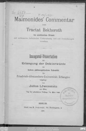 Maimonides' Commentar zum Tractat Bekhoroth im arabischen Urtext mit verbesserter hebräischer Übersetzung und mit Anmerkungen versehen