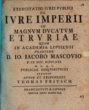 Exercitatio ... de iure imperii in magnum ducatum Etruriae