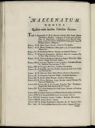 Maecenatum Nomina Quibus aere incisae Tabulae dicatae.