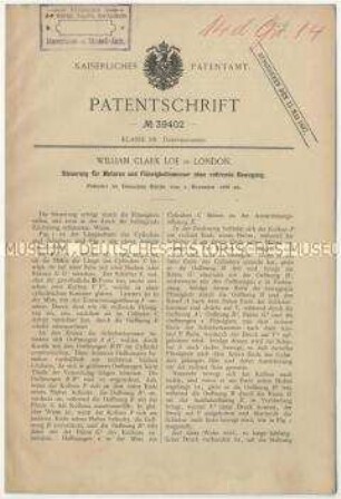 Patentschrift einer Steuerung für Motoren und Flüssigkeitsmesser ohne rotierende Bewegung, Patent-Nr. 39402