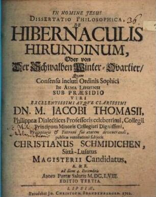 Dissertatio Philosophica, De Hibernaculis Hirundinum, Oder von Der Schwalben Winter-Quartier