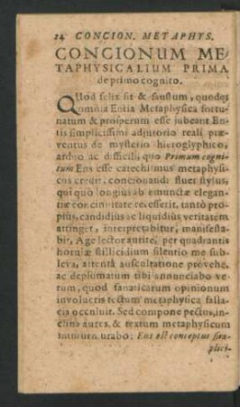 Concionum Metaphysicalium Prima de primo cognito.