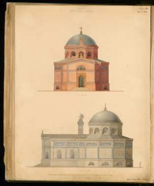 Grabkapelle Monatskonkurrenz April 1872: Aufriss Vorderansicht, Seitenansicht; Maßstabsleiste