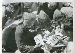 Soldaten des Afrika-Korps bei der Begutachtung von Fotoaufnahmen