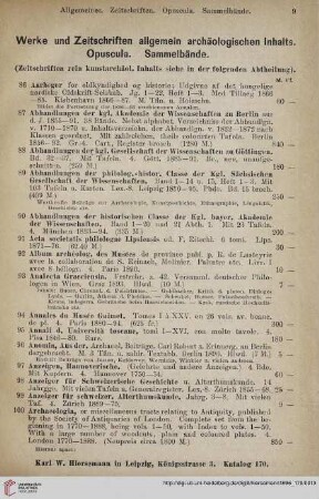 Werke und Zeitschrift allgemein archäologischen Inhats. Opuscula. Sammelbände