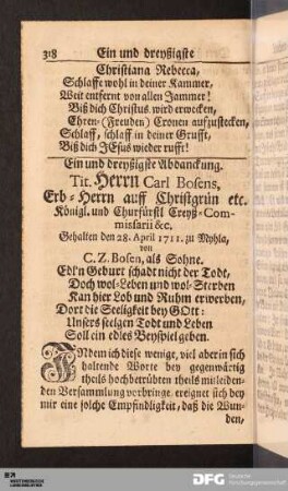 Ein und dreyßigste Abdanckung. Tit. Herrn Carl Bosens...
