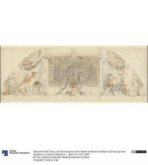 Diana und ihre Nymphen beim Baden entdeckt von Aktaion (Zeichnung nach Eustache Le Sueurs Plafond im Cabinet des bains im Hôtel Lambert)