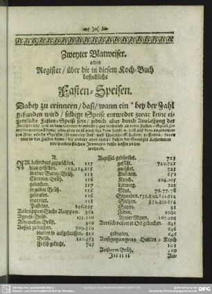 Zweyter Blatweiser, oder Register, über die in diesem Koch-Buch befindliche Fasten-Speisen