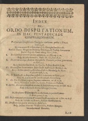 Index Et Ordo Disputationum, In Hac Pentadecade Comprehensarum.