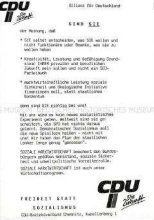 Flugblatt des CDU-Bezirksverband Chemnitz zur Wirtschaftspolitik