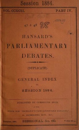 Hansard's parliamentary debates. General index to session. 1884