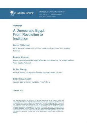 A democratic Egypt : from revolution to institution