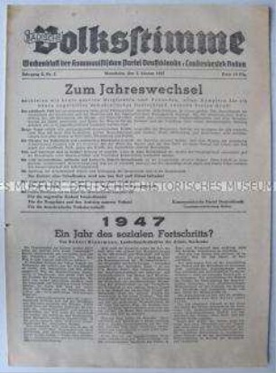 Mitteilungsblatt der KPD Baden "Badische Volksstimme" zum Jahreswechsel 1946/47