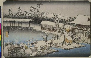Schnee im Tempelbezirk des Tenmangū-Schreins in Kameido, aus der Serie: Berühmte Orte der Osthauptstadt