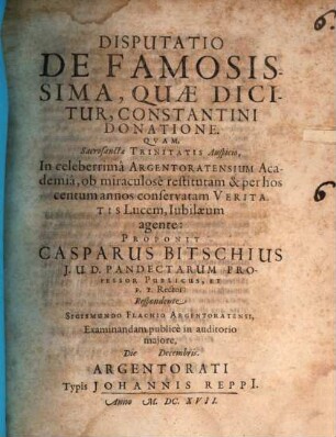 Disp. de famosissima, quae dicitur, Constantini donatione