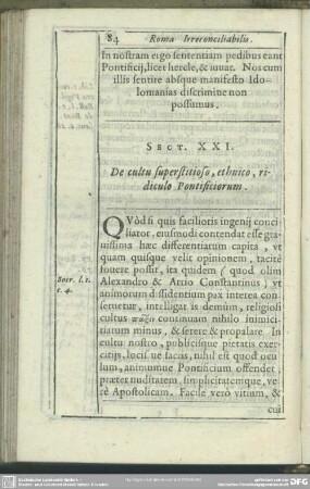 Sect. XXI. De cultu superstitioso, ethnico, ridiculo Pontificiorum