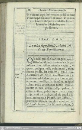 Sect. XXI. De cultu superstitioso, ethnico, ridiculo Pontificiorum