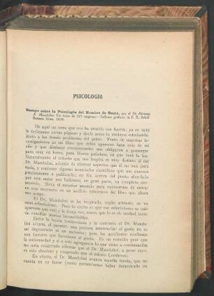 Psicología : Ensayo sobre la Psicología del Hombre de Genio, por el Dr. Hernani A. Mandolini