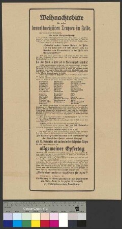 Aufruf zur Sammlung von Weihnachtspaketen und Geldspenden sowie Ausrichtung eines Opfertages im Herzogtum Braunschweig vom 17. bis 19. November 1916 für die braunschweigischen Soldaten im Ersten Weltkrieg (Kriegsjahr 1916)