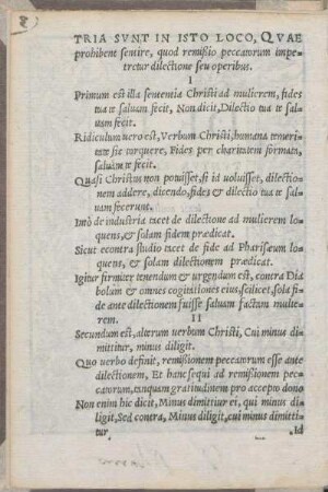 Tria Svnt In Isto Loco, Qvae prohibent seruire, quod remißio peccatorum impetretur dilectione seu operibus.