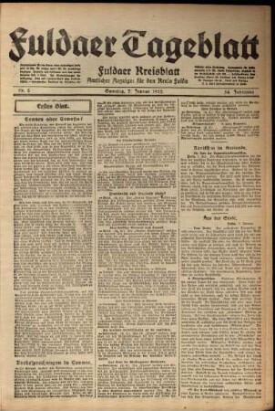Erste Ausgabe vom Samstag, den 07. Januar 1922.