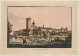 Stadtansicht von Bautzen, Ansicht aus südlicher Richtung mit der Alten Wasserkunst und Ortenburg im Vordergrund, Blick über die Spree