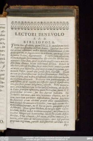 Lectori Benevolo S.P.D. Bibliopola.
