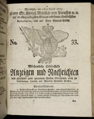 No. 33. Montags, den 16ten August 1773.