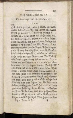 Alf von Dülmens Geständnisse an die Nachwelt.