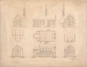 Voit, August von; Weißenhorn; Pfarrkirche - Grundrisse, Ansichten, Schnitte