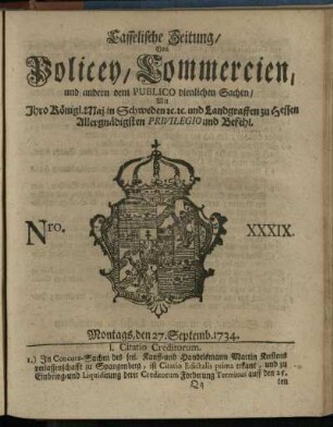 Nro. XXXIX, Montags, den 27. Septemb. 1734