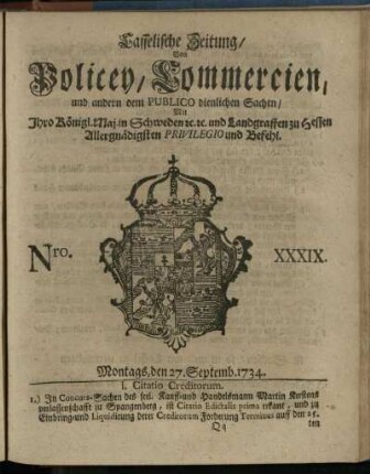 Nro. XXXIX, Montags, den 27. Septemb. 1734