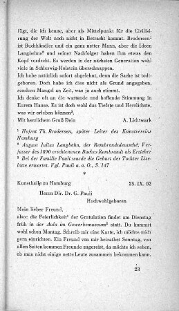 Kunsthalle zu Hamburg 25. IX. 02 Herrn Dir. Dr. G. Pauli Hochwohlgeboren