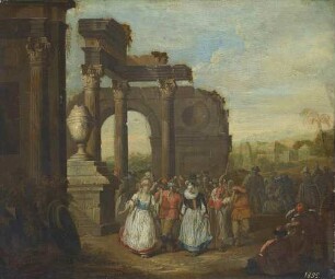Maskenscherz unter römischen Ruinen