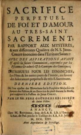 Sacrifice perpetuel de foy et d'amour au tres-saint sacrament