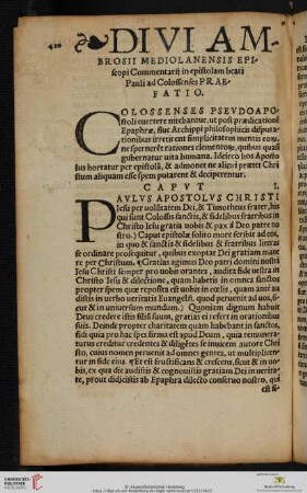 Divi Ambrosii Mediolanensis Episcopi Commentarij in epistolam beati Pauli ad Colossenses