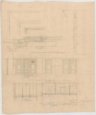 Thiersch, Friedrich von; München; Haus für Handel und Gewerbe - Abortverschläge 1. OG (Grundrisse, Ansichten, Schnitt, Detail)