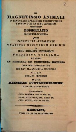 De magnetismo animali in singulari epilepsiae observatione fausto cum eventu adhibito
