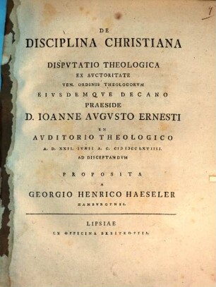 De disciplina Christiana disputatio theologica