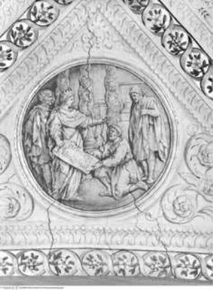 Szenen aus dem Leben Salomons, David übergibt Salomo den Bauplan des Tempels