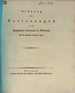 Ordnung der Vorlesungen an der Königlichen Universität Würzburg. 1821, 1821. SS.